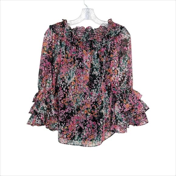 CeCe Off-shoulder Black Floral Print with smocking and ruffles - Picture 9 of 10